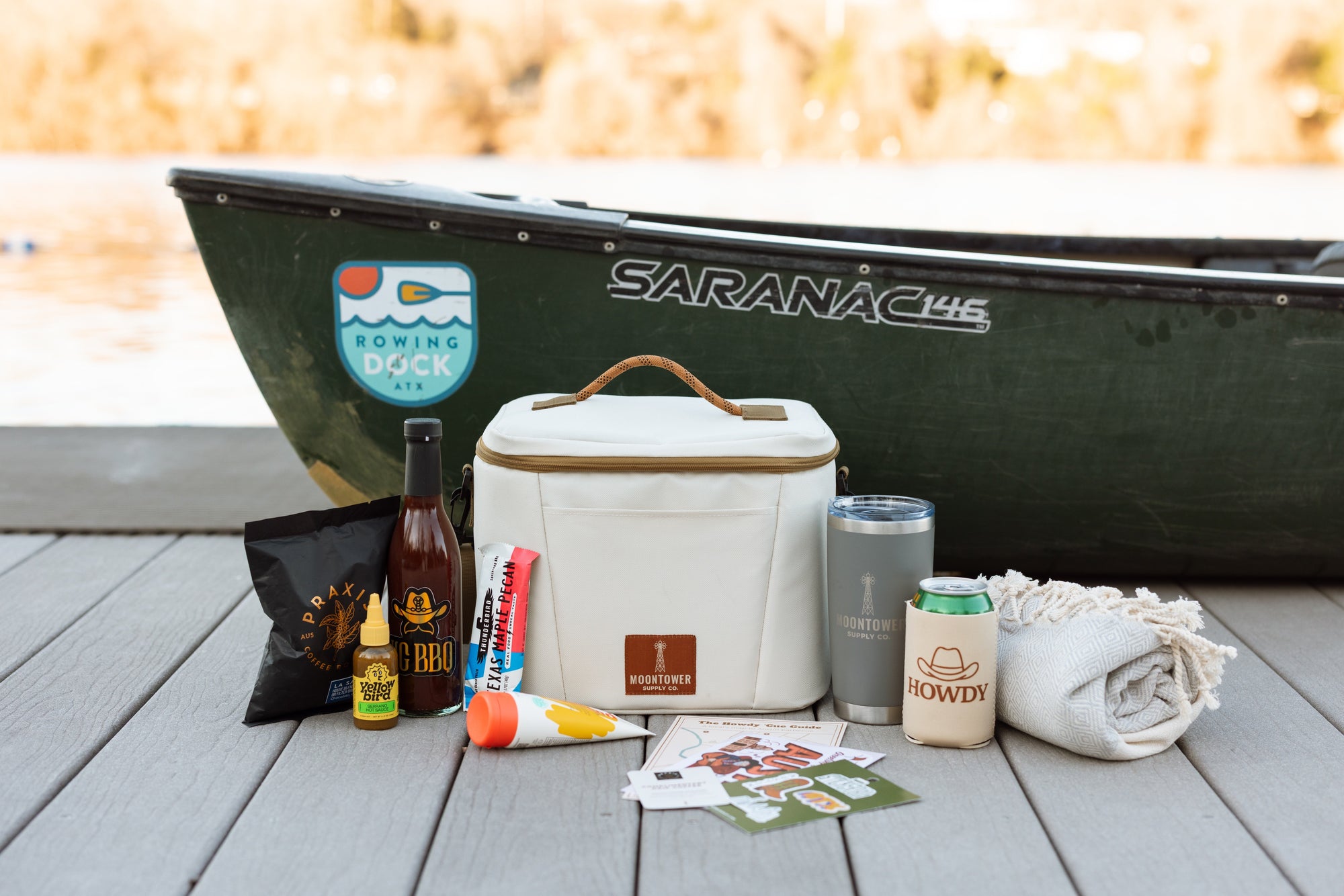 Austin welcome gift featuring local products and the Howdy Kit by Moontower Supply Co.